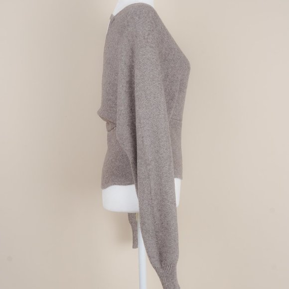 Open Back Dolman Sleeve Fine Ribbed Wrap Sweater in Grey Taupe - Picture 4 of 5
